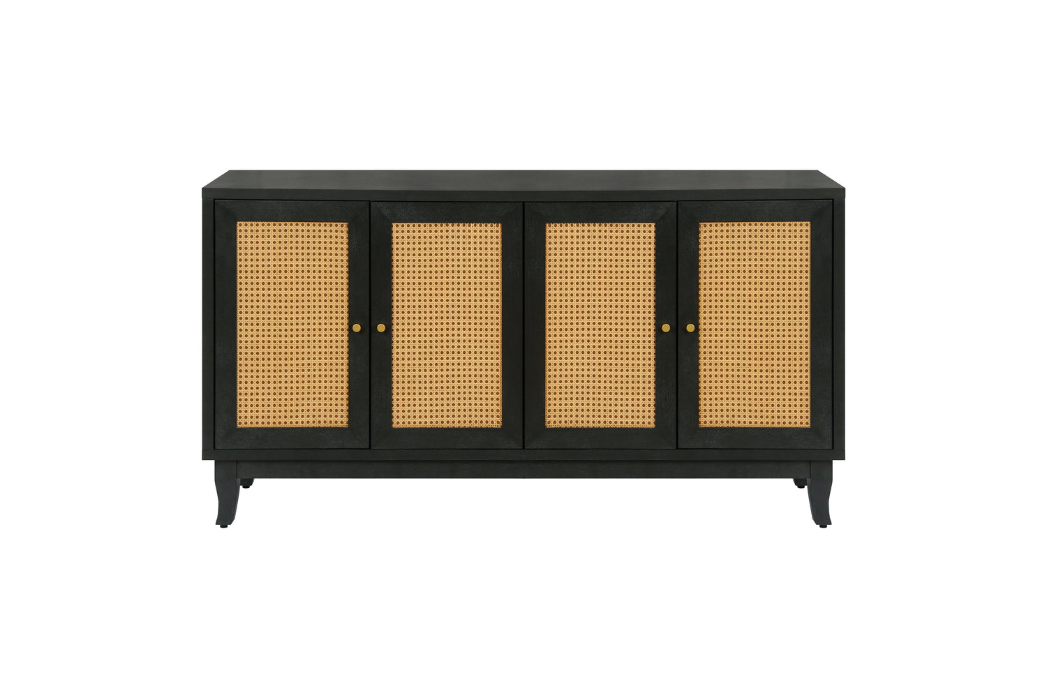 Handcrafted Premium Grain Panels Rattan Sideboard Buffer Cabinet Accent Storage Cabinet With 4 Rattan Doors BLACK