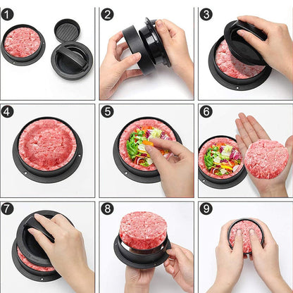3-in-1 Manual Kitchen Gadget: Hamburger Patty, Round Beef Burger &amp; Meatball Press.