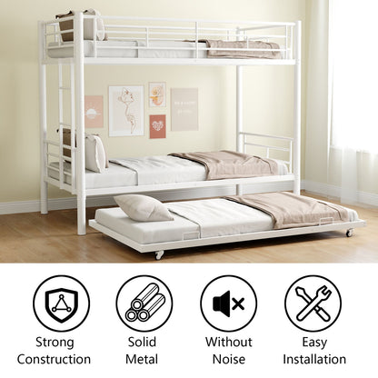 Heavy-duty Sturdy Meta Twin over Twin with Trundle Bunk Bed/l/ Noise Reduced/ Safety Guardrail/No Box Spring Needed,White