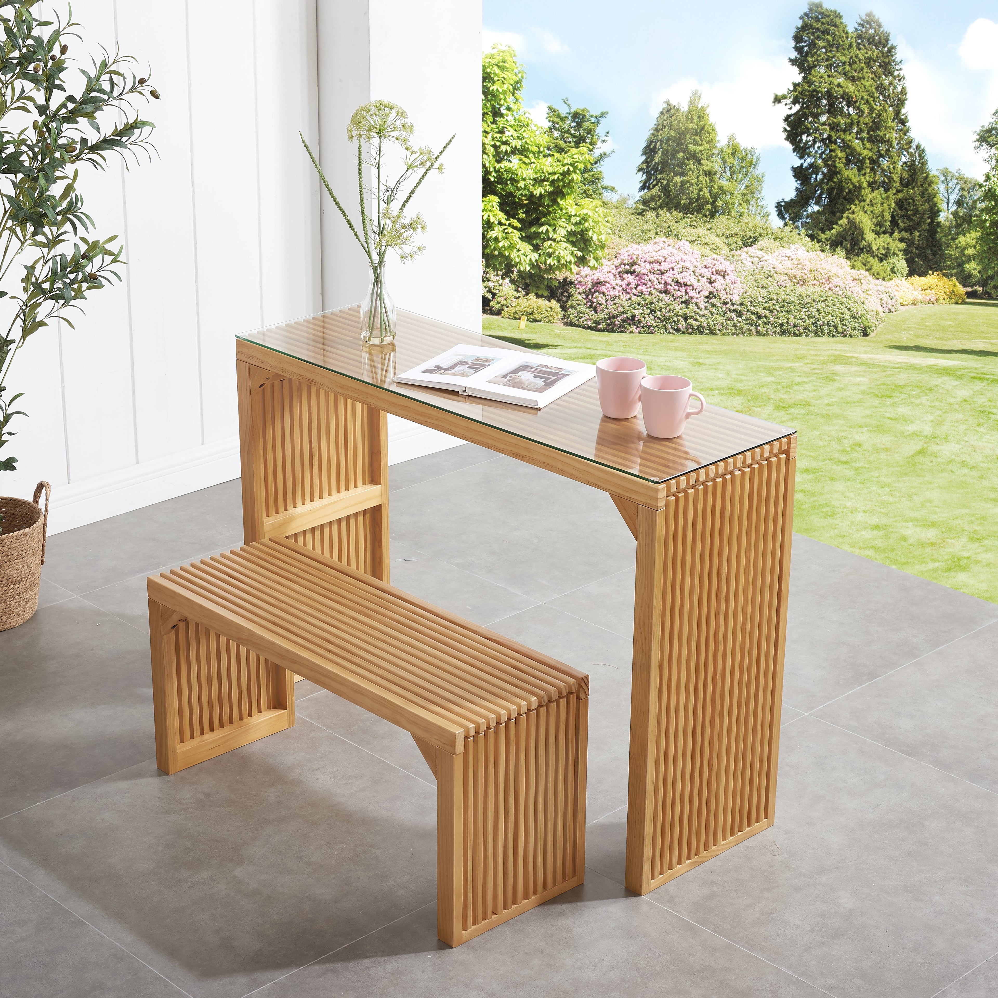 Dining Bench and Table, Pine Indoor Wood Bench for Entryway,Living Room,Kitchen and Bedroom Table (Nature, Long Bench &amp; Table)