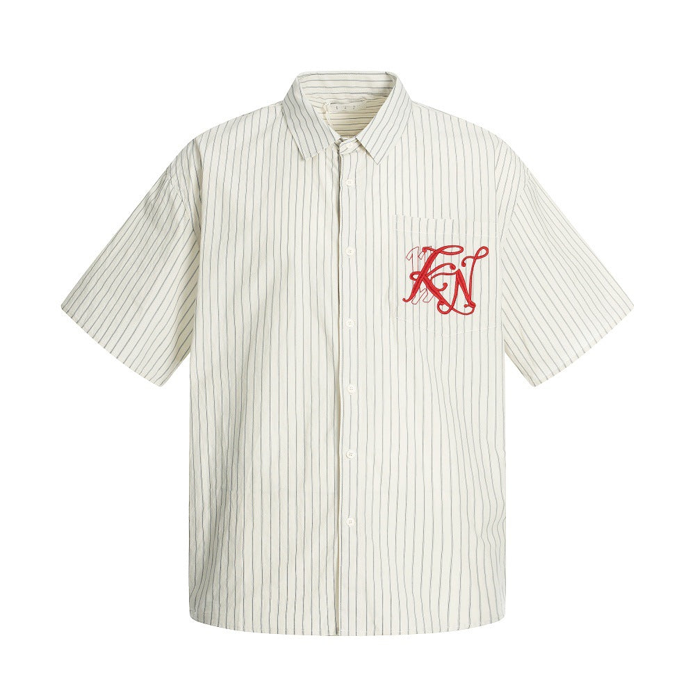 American Style Trendy Vertical Striped Embroidered Letter Short Sleeve Shirt Men&