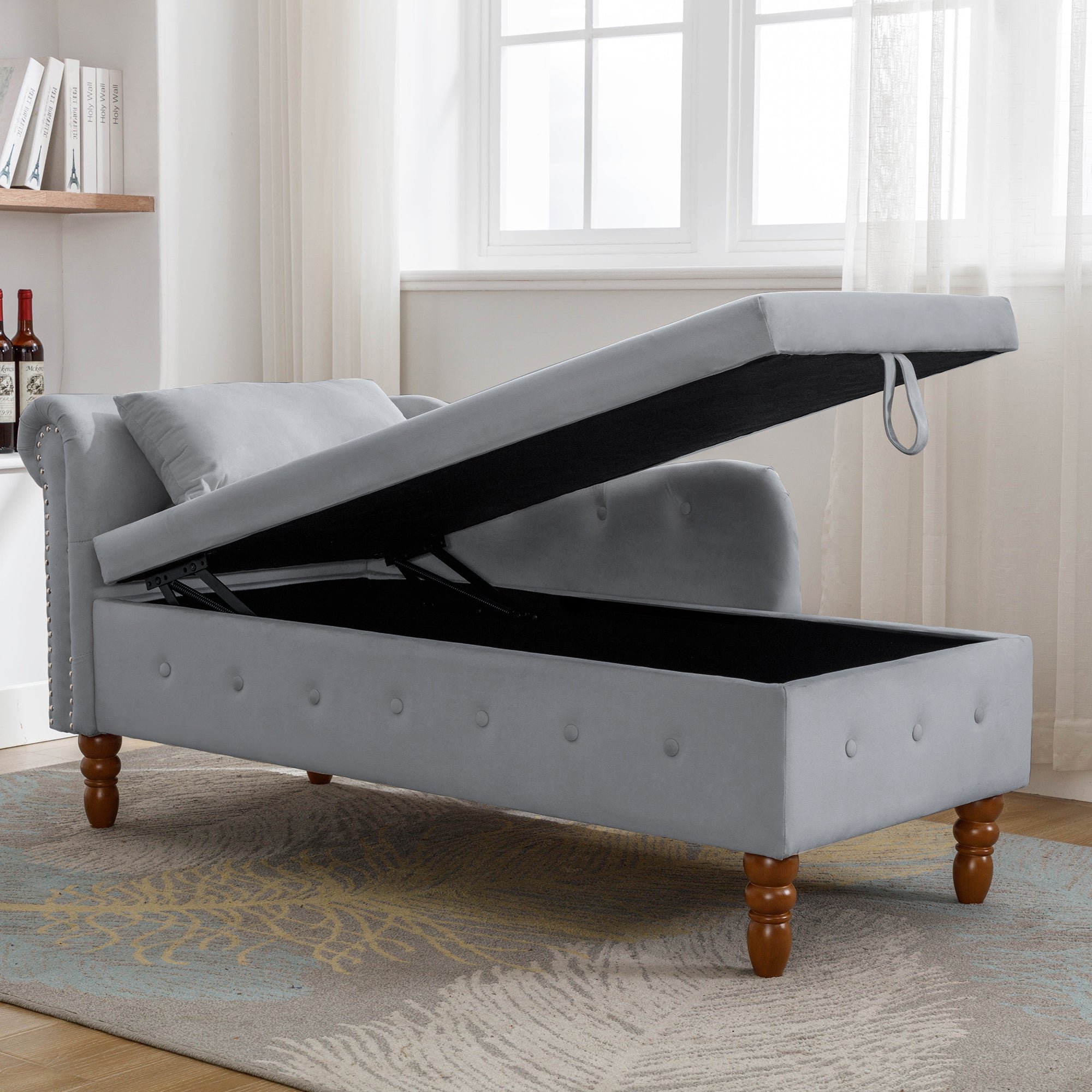 Grey Chaise Lounge Indoor Velvet Lounge Chair for Bedroom with Storage &amp; Pillow Modern Upholstered Rolled Arm Chase Lounge