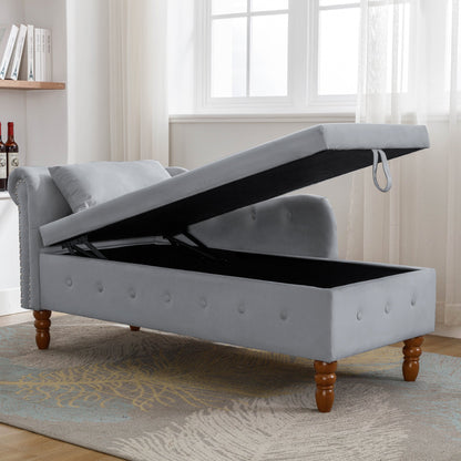 Grey Chaise Lounge Indoor Velvet Lounge Chair for Bedroom with Storage &amp; Pillow Modern Upholstered Rolled Arm Chase Lounge