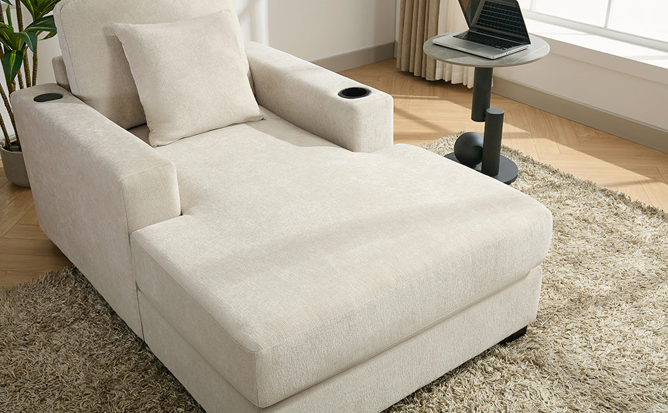 39.7" Oversized Chaise Lounger Modern Style Sofa Couch ,with Pillows, Charge Station &amp; Cup Holders, Chenille Fabric, Cream