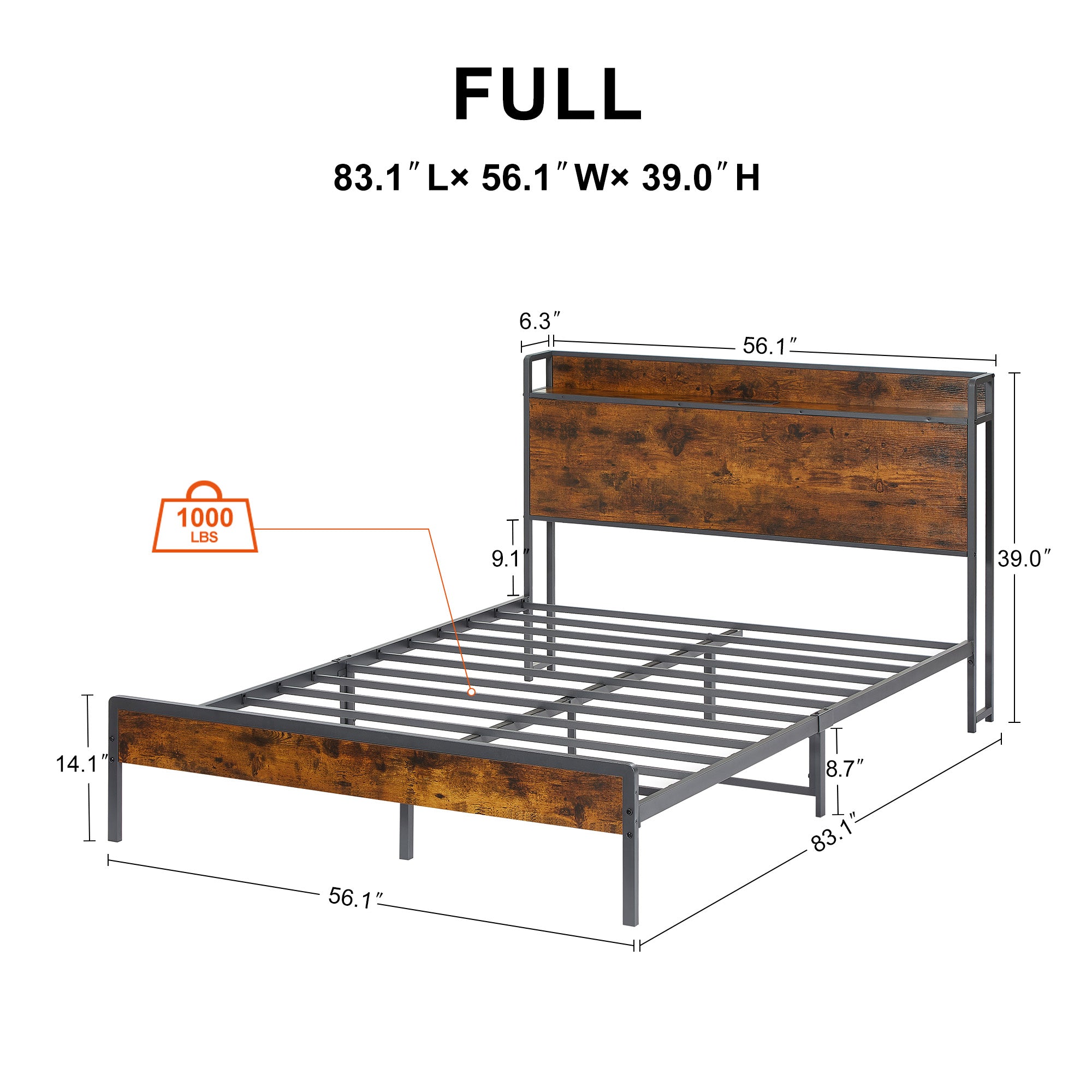 Bed frame with charging station full size, Rustic Brown, 83.1&