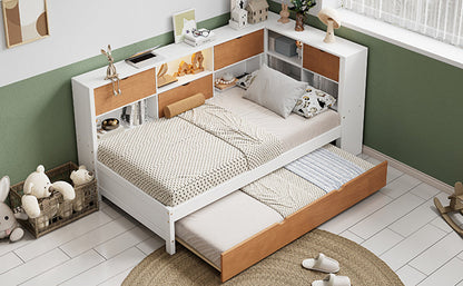 L-shaped bed frame with luggage and bookshelf, corner bed wooden captain&