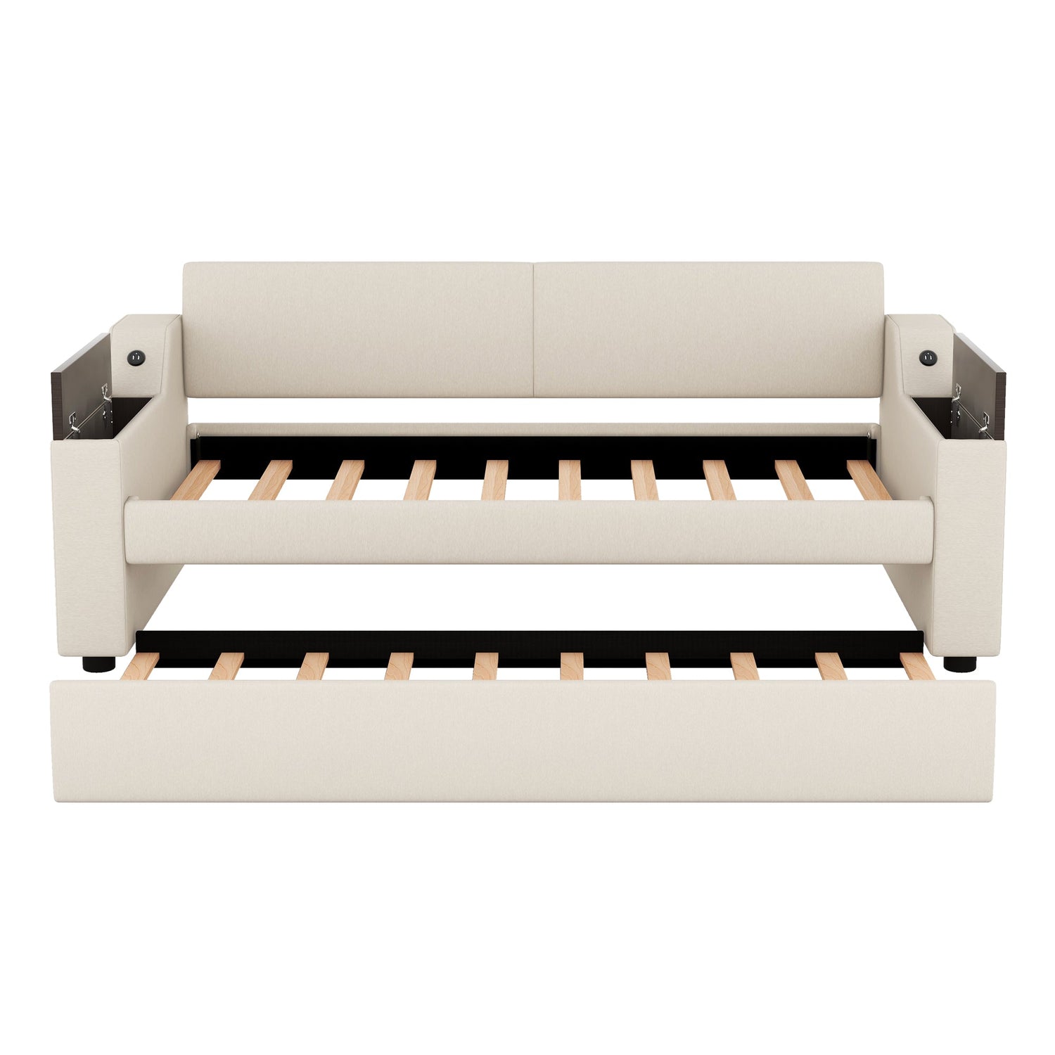 Twin Size Upholstery Daybed with Storage Arms  Trundle and USB Design Beige