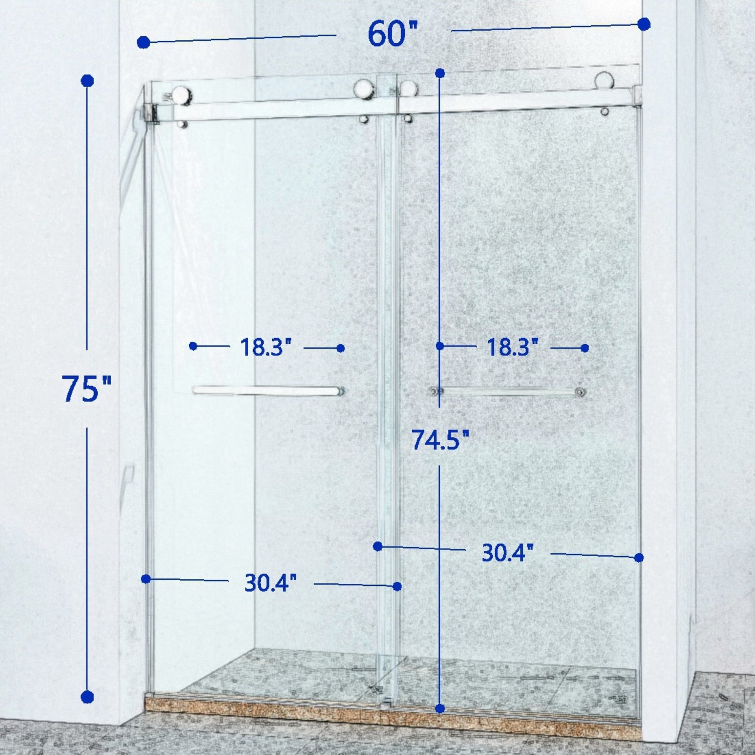 56-60 "wide x 75" high frameless double sliding shower door, 304 stainless steel chrome plated, 8mm thick SGCC tempered transpar