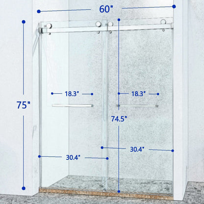 56-60 "wide x 75" high frameless double sliding shower door, 304 stainless steel chrome plated, 8mm thick SGCC tempered transpar