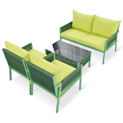 Outdoor Furniture with Tempered Glass Table,  Set Deep Seating with Thick Cushion  (Fluorescent Yellow &amp; Green)