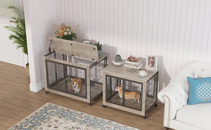 Furniture Style Dog Crate Side Table on Wheels with Double Doors and Lift Top.Grey,38.58&