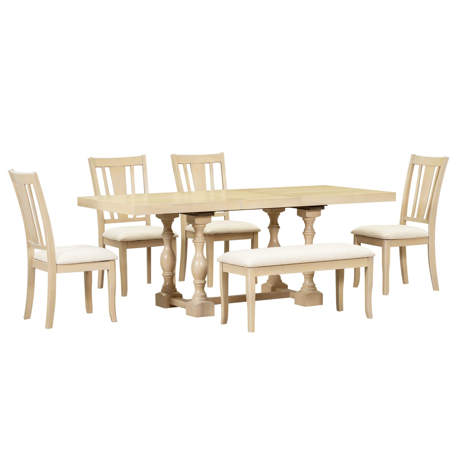 Traditional 6-Piece 78inch Trestle Extendable Dining Table Set with One 18inch Removable Leaf Padded Dining Chairs Bench,Natural