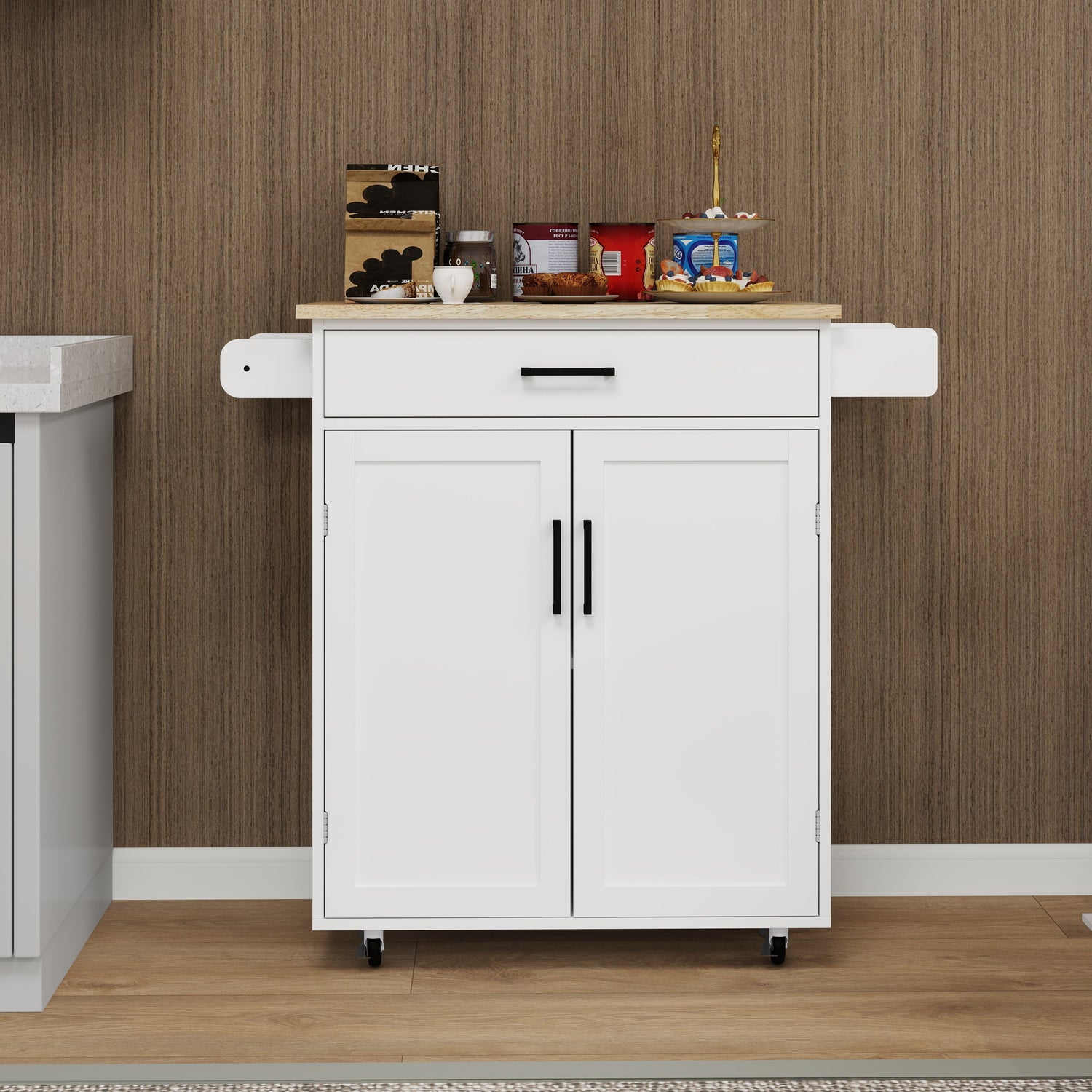 Kitchen island rolling trolley cart with 1 drawer &amp; 2 doors with storage racks &amp; Adjustable Shelves &amp; towel rack