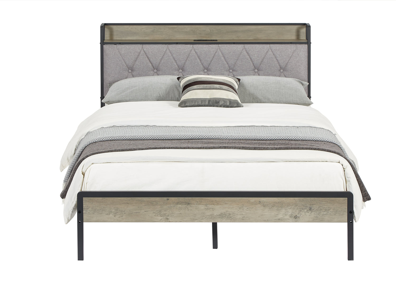 Bed frame with charging station full size, Grey, 83.1&