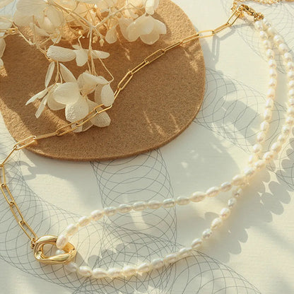 New freshwater pearl patchwork necklace made of stainless steel and 18K gold for women