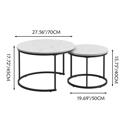 A set of nested 27.6-inch circular coffee tables with a wooden marble patterned tabletop and a sturdy metal frame (white)