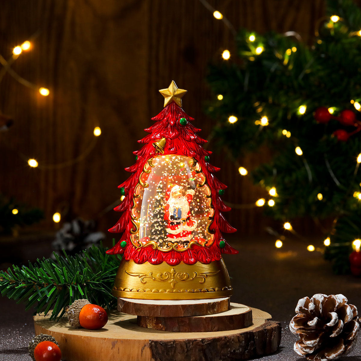 Christmas gifts, painted Christmas trees, glowing candles, oil lamps, children&