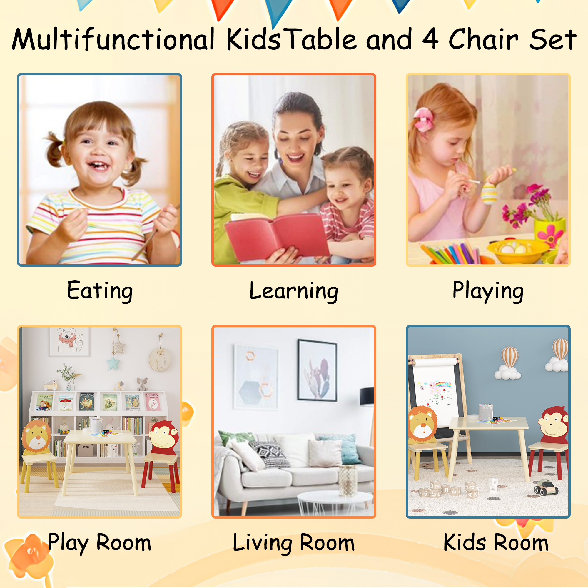 Kids Table and 2 Chairs Set 3 Pieces Toddler Table and Chair Set Wooden Activity Play Table Set (Lion&amp;Monkey)