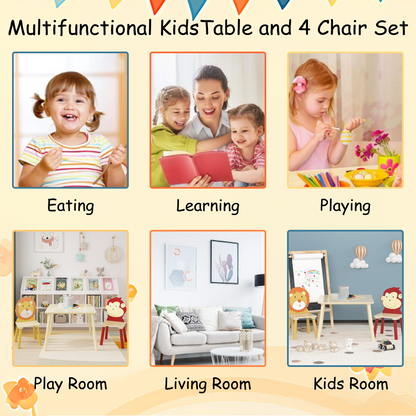Kids Table and 2 Chairs Set 3 Pieces Toddler Table and Chair Set Wooden Activity Play Table Set (Lion&amp;Monkey)