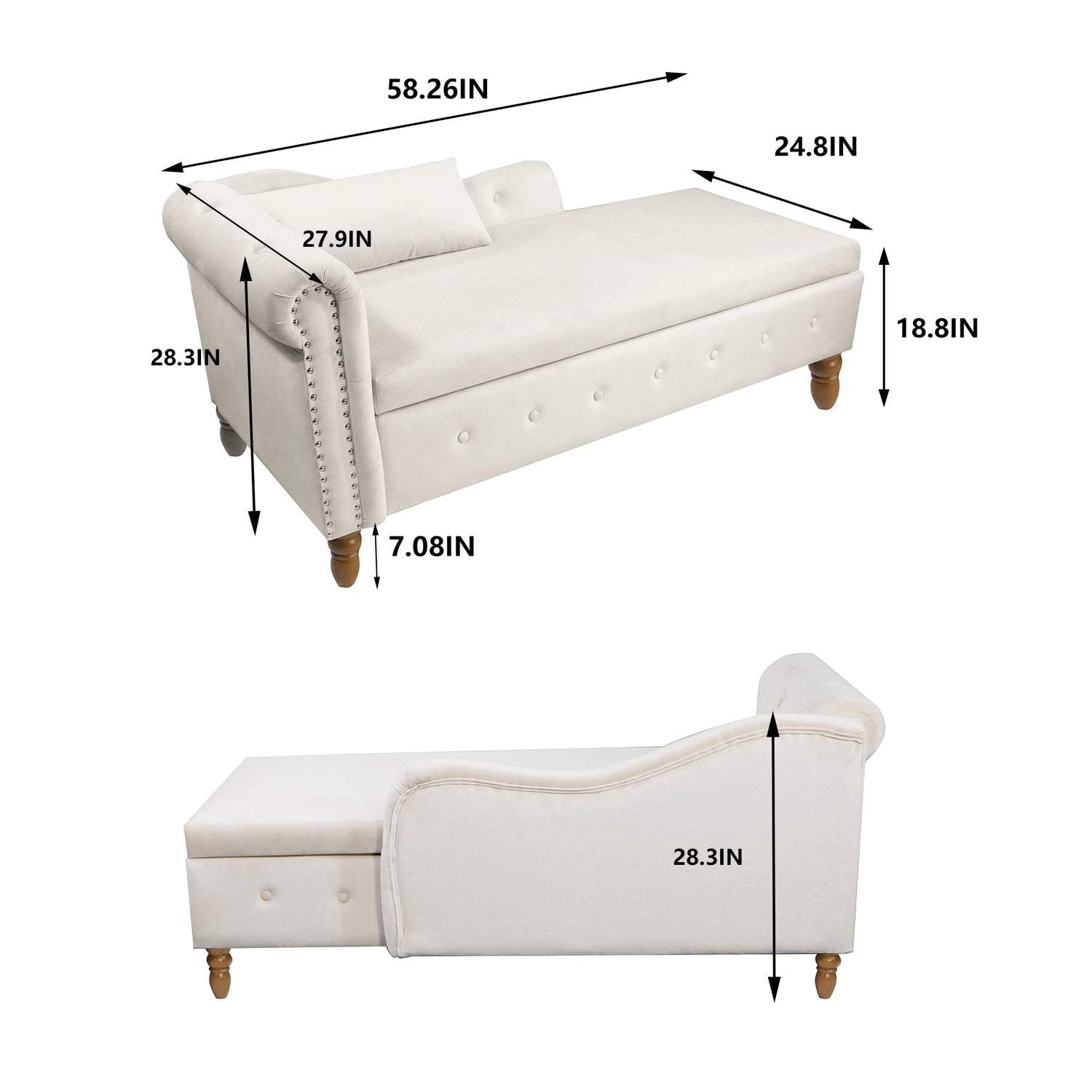 Beige Chaise Lounge Indoor Velvet Lounge Chair for Bedroom with Storage &amp; Pillow Modern Upholstered Rolled Arm Chase Lounge