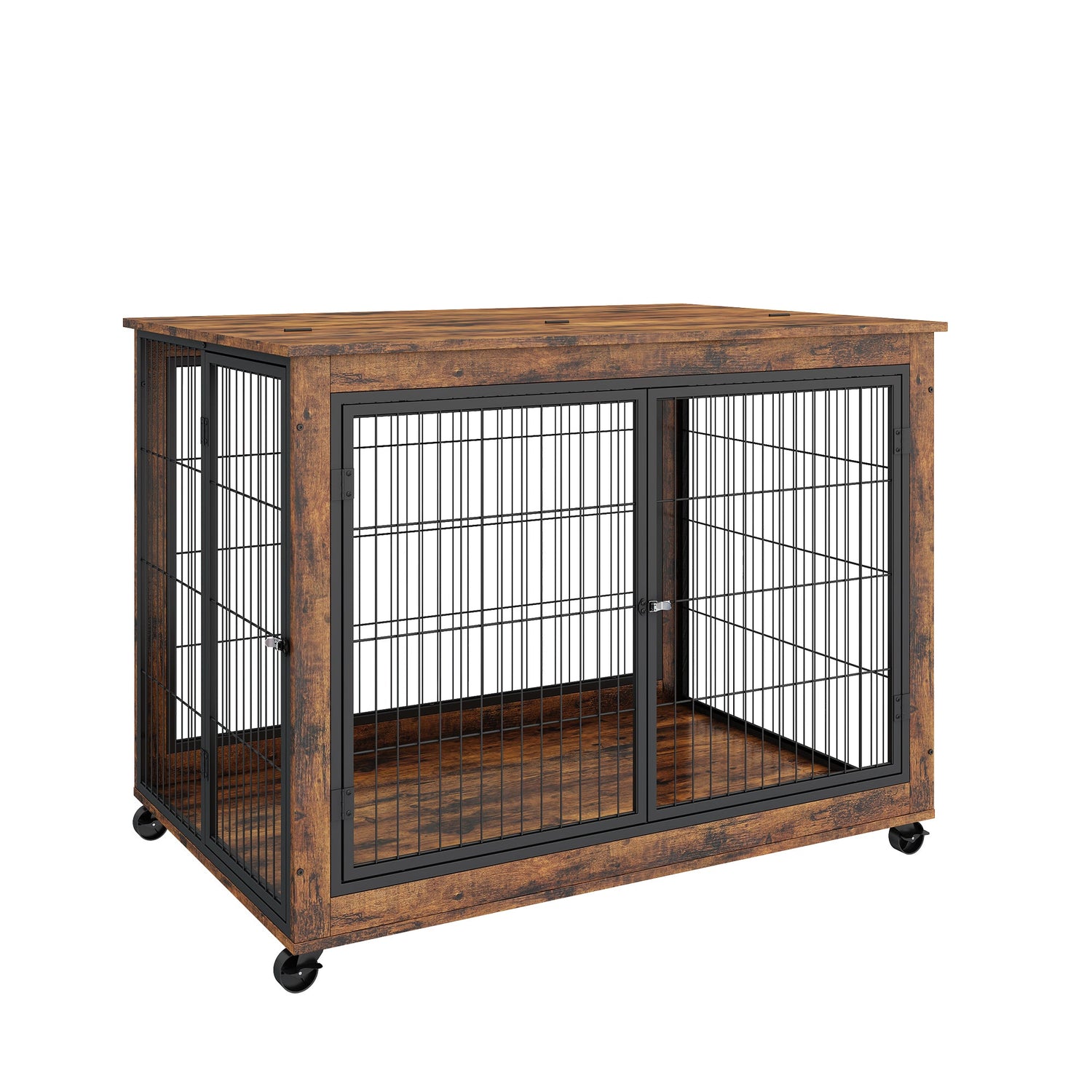 Furniture Style Dog Crate Side Table on Wheels with Double Doors and Lift Top. Rustic Brown, 43.7&