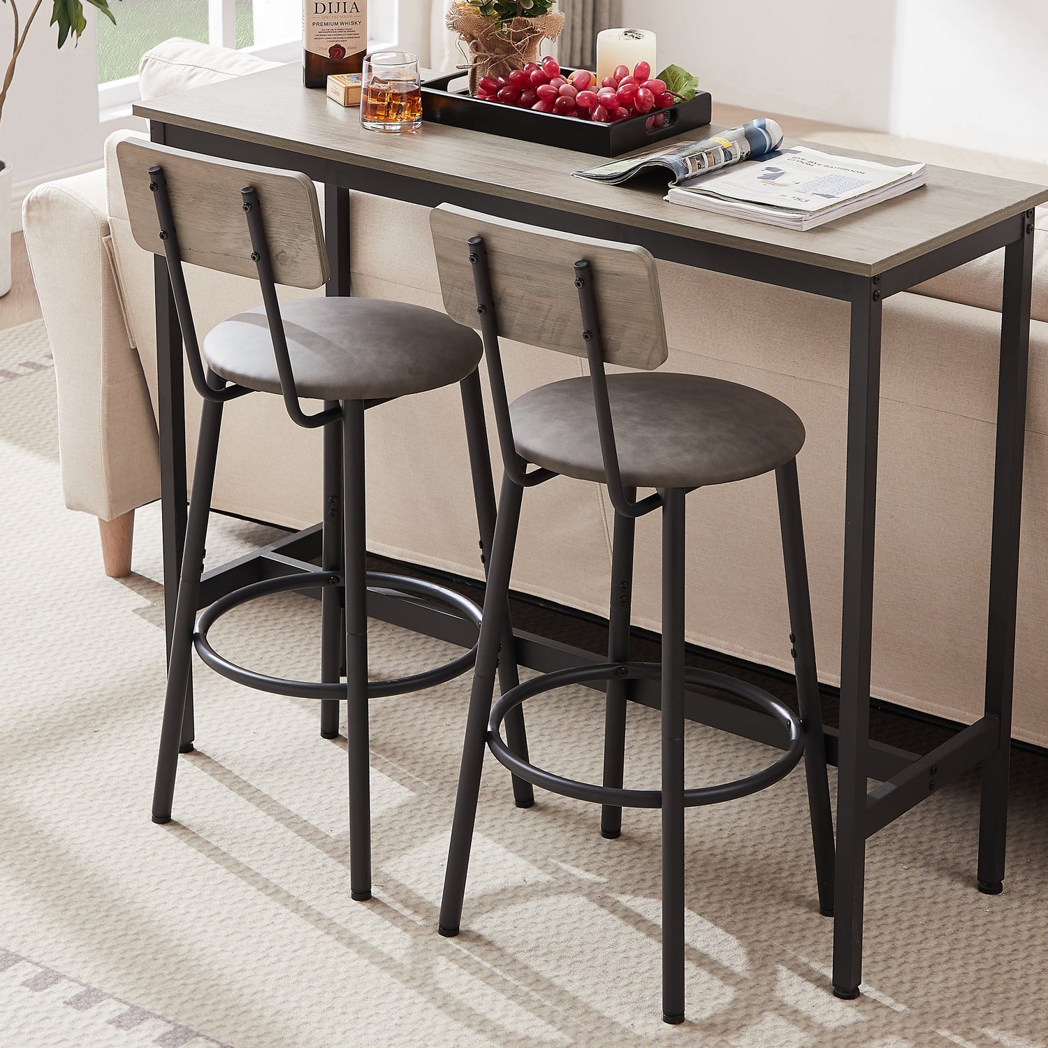 Bar Table Set with 2 Bar stools PU Soft seat with backrest Grey 43.31&