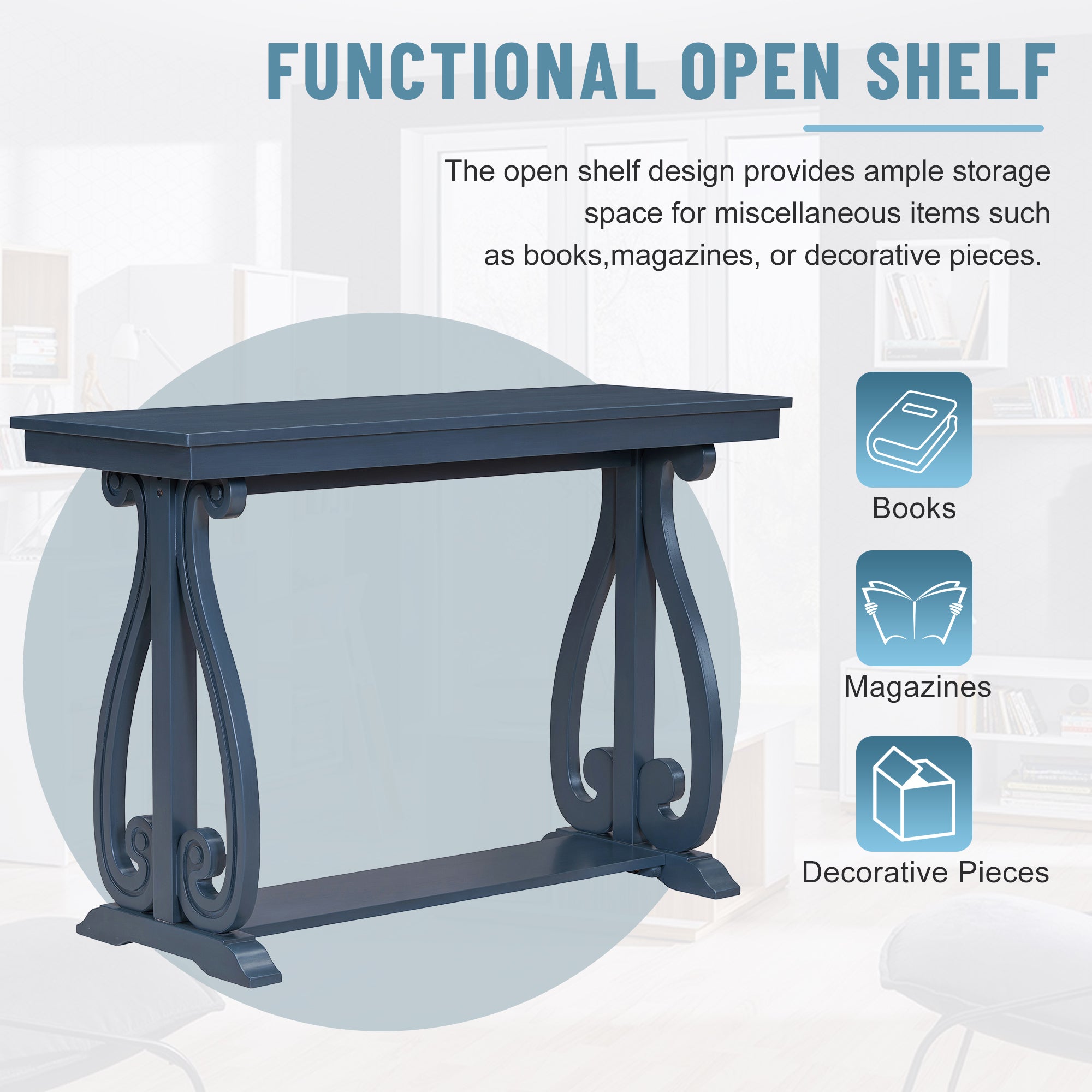 48-Inch Rustic Vintage Console Table --- Farmhouse Style Entryway Table with Open Shelf and Sturdy Construction (Navy)