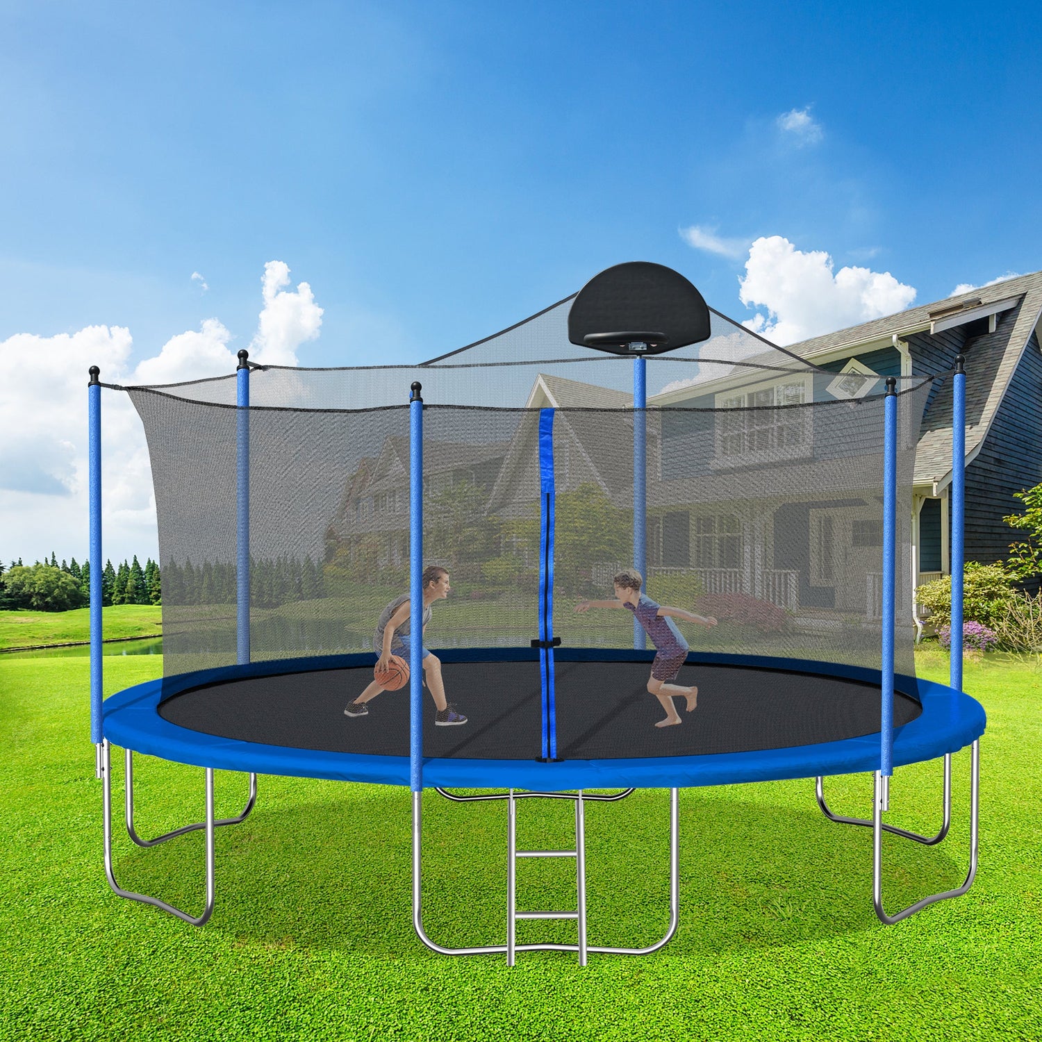 14FT Trampoline for Adults &amp; Kids with Basketball Hoop, Outdoor Trampolines w/Ladder and Safety Enclosure Net for Kids and Adult