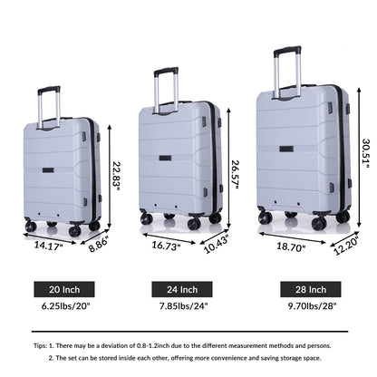 Hardshell Suitcase Spinner Wheels PP Luggage Sets Lightweight Suitcase with TSA Lock,3-Piece Set (20/24/28) ,Silver