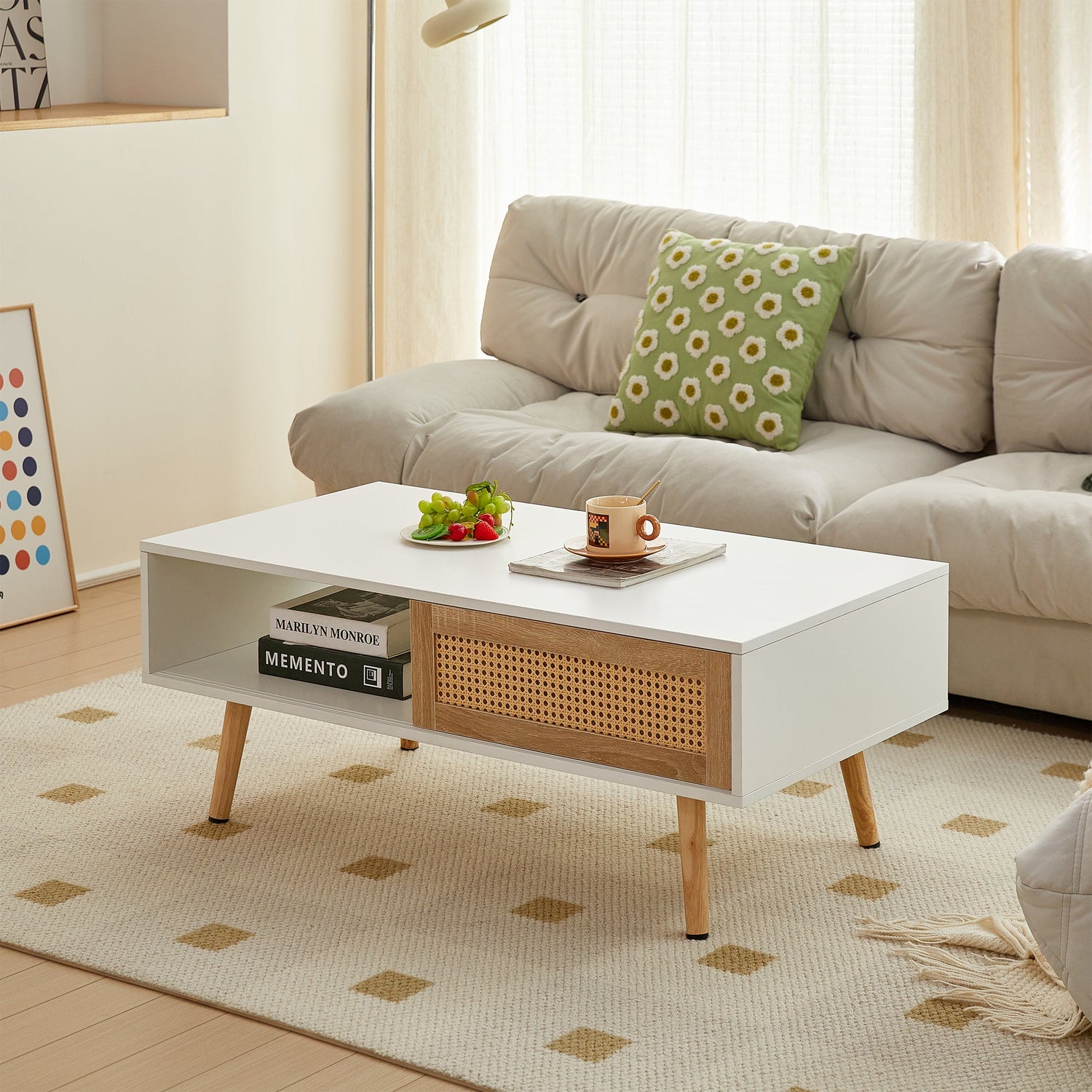 41.34" Rattan Coffee table sliding door for storage solid wood legs White