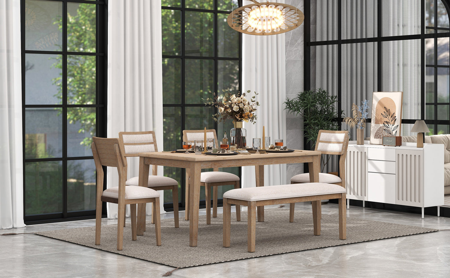TREXM Classic and Traditional Style 6 - Piece Dining Set, Includes Dining Table, 4 Upholstered Chairs &amp; Bench (Natural Wood Wash）