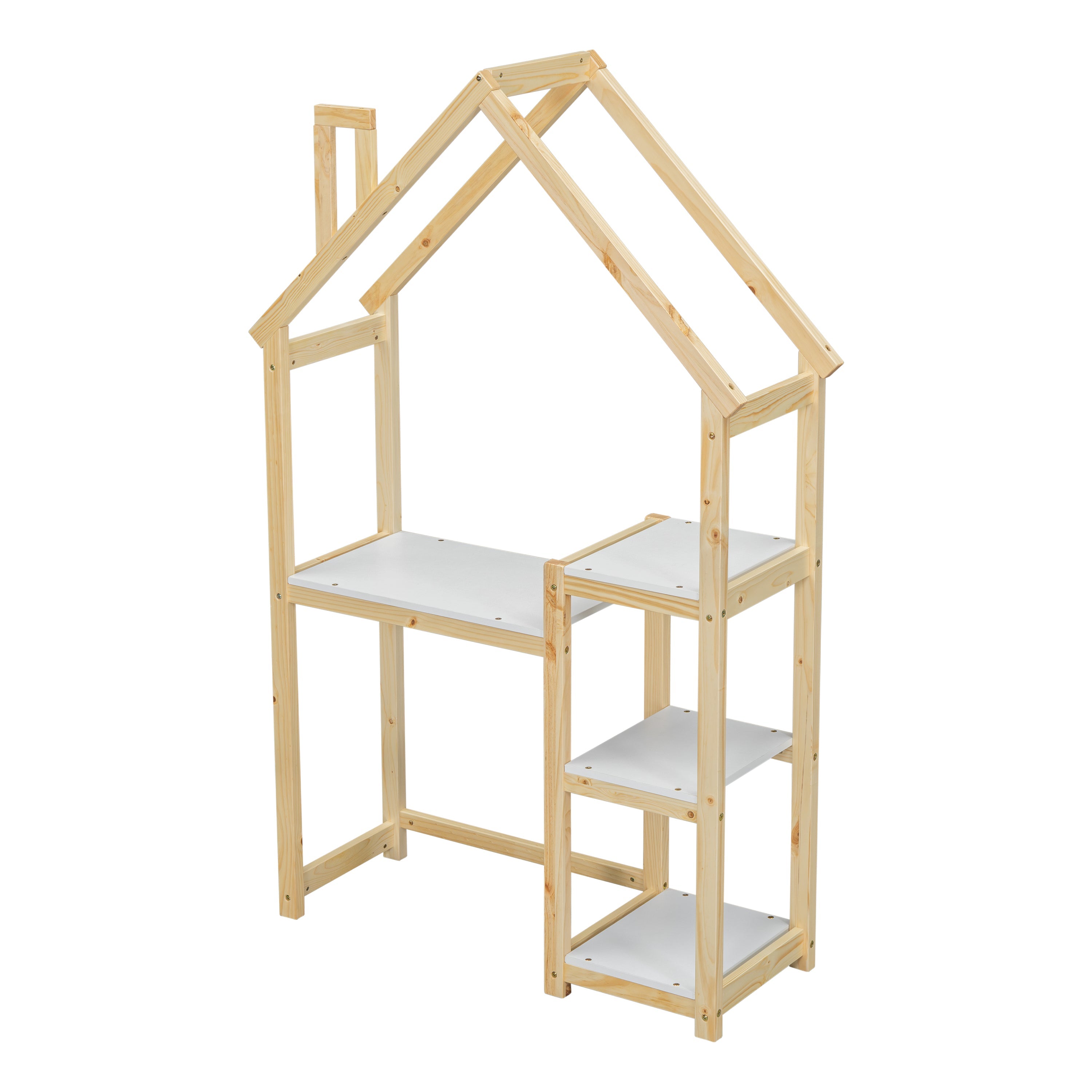 House-shaped Wooden writing Desk Kids study Table Bookshelf &amp; Toy Storage Natural