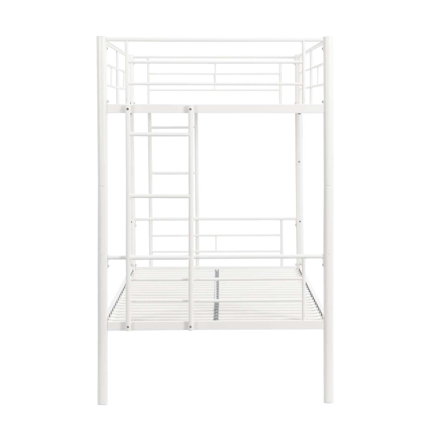 Twin metal bunk beds, metal structure bed frame with safety guardrails and 2 ladders, convertible bunk beds, white