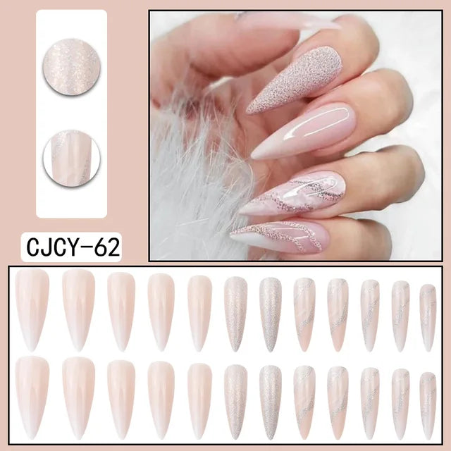 24 unghie finte in ABS con motivo a spillo lungo 1 gel di gelatina 1 lima per unghie a colori casuali per l&