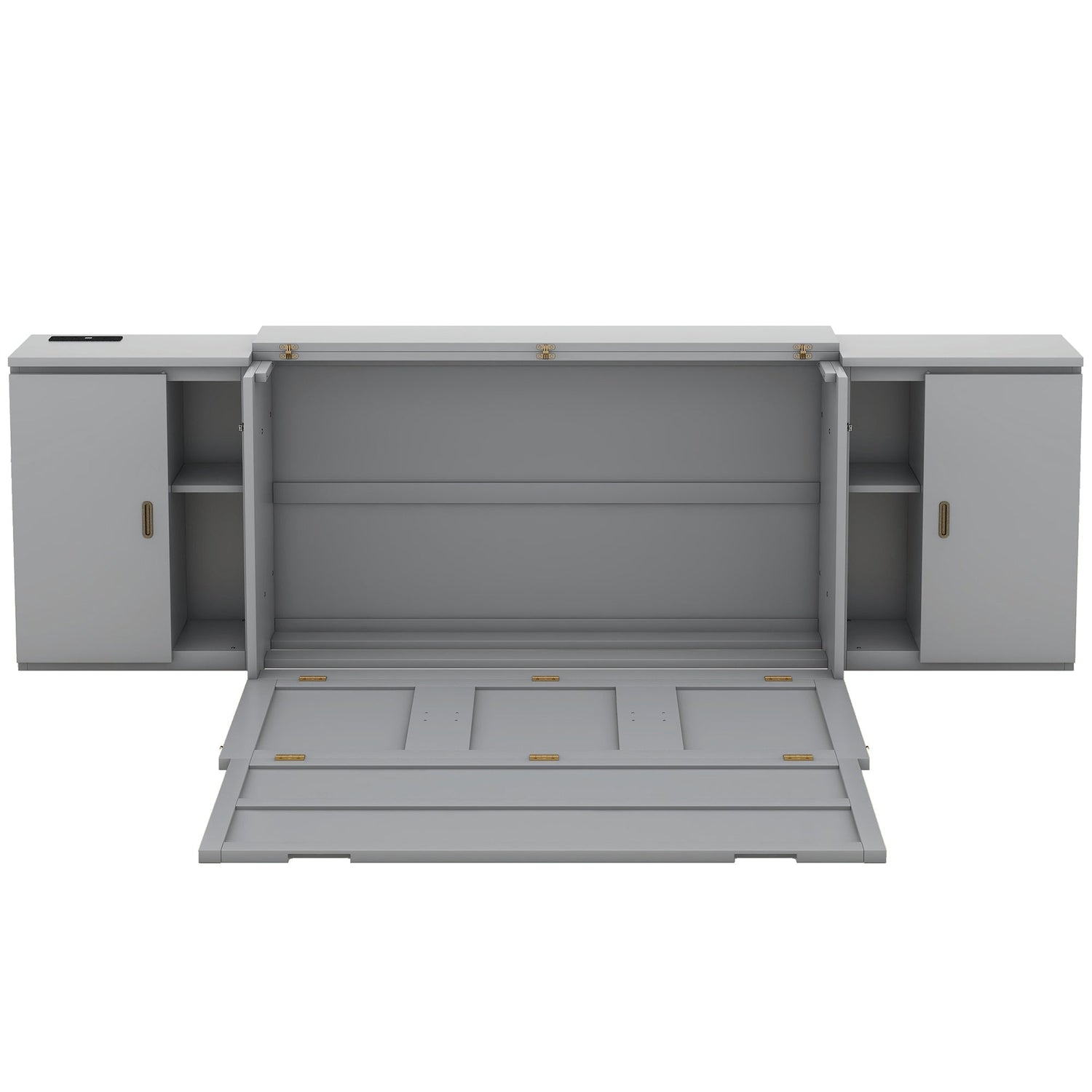 Queen Size Murphy Bed with Shelves, Cabinets and USB Ports,Gray