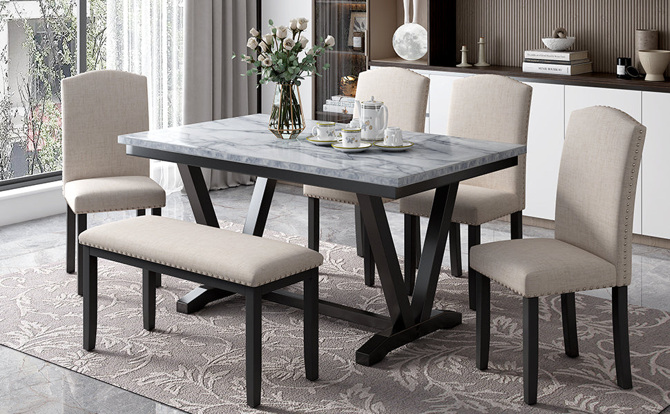 TREXM Modern Style 6-piece Dining Table with 4 Chairs &amp; 1 Bench (White)