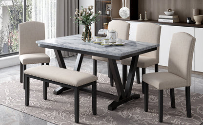 TREXM Modern Style 6-piece Dining Table with 4 Chairs &amp; 1 Bench (White)