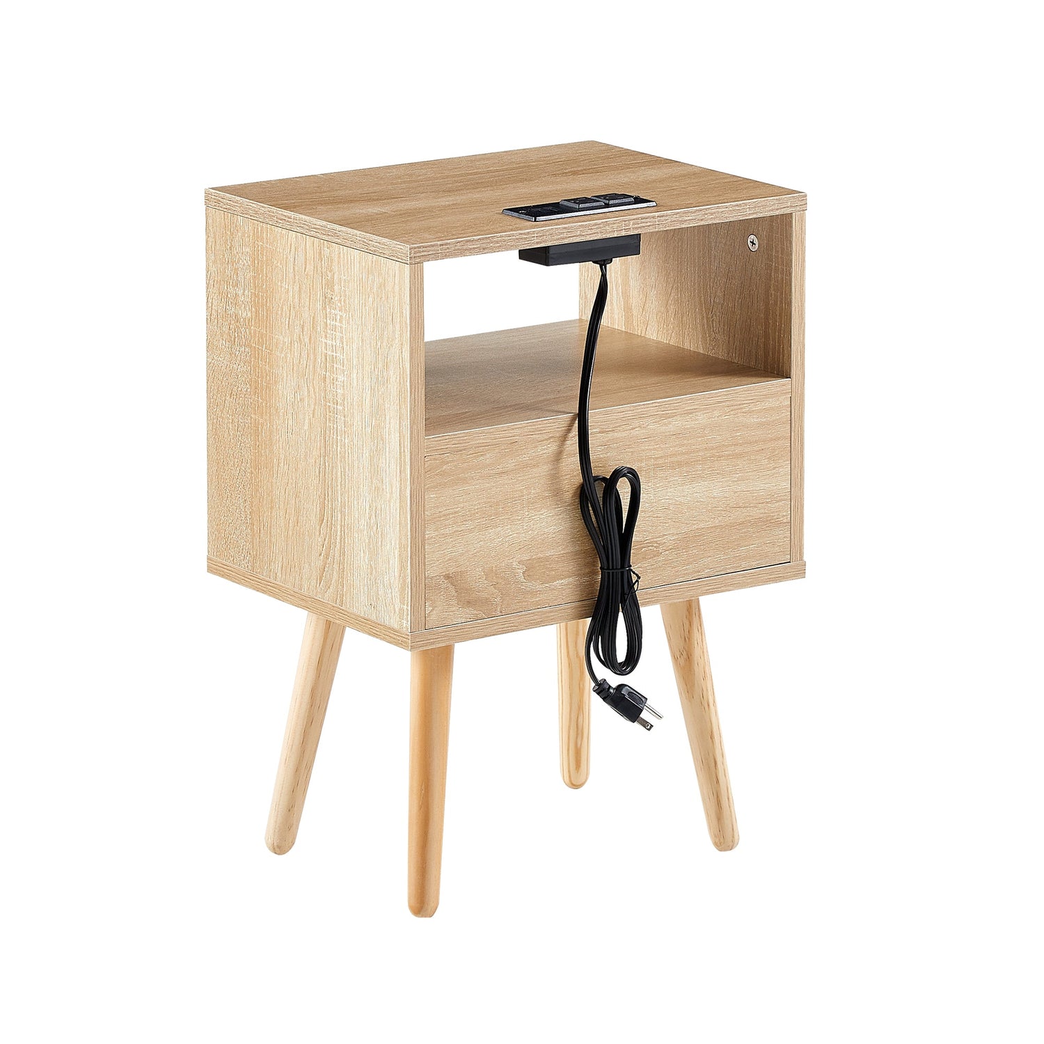 15.75" Rattan End table with Power Outlet &amp; USB Ports  Modern nightstand with drawer and solid wood legs
