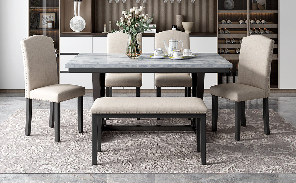 TREXM Modern Style 6-piece Dining Table with 4 Chairs &amp; 1 Bench (White)