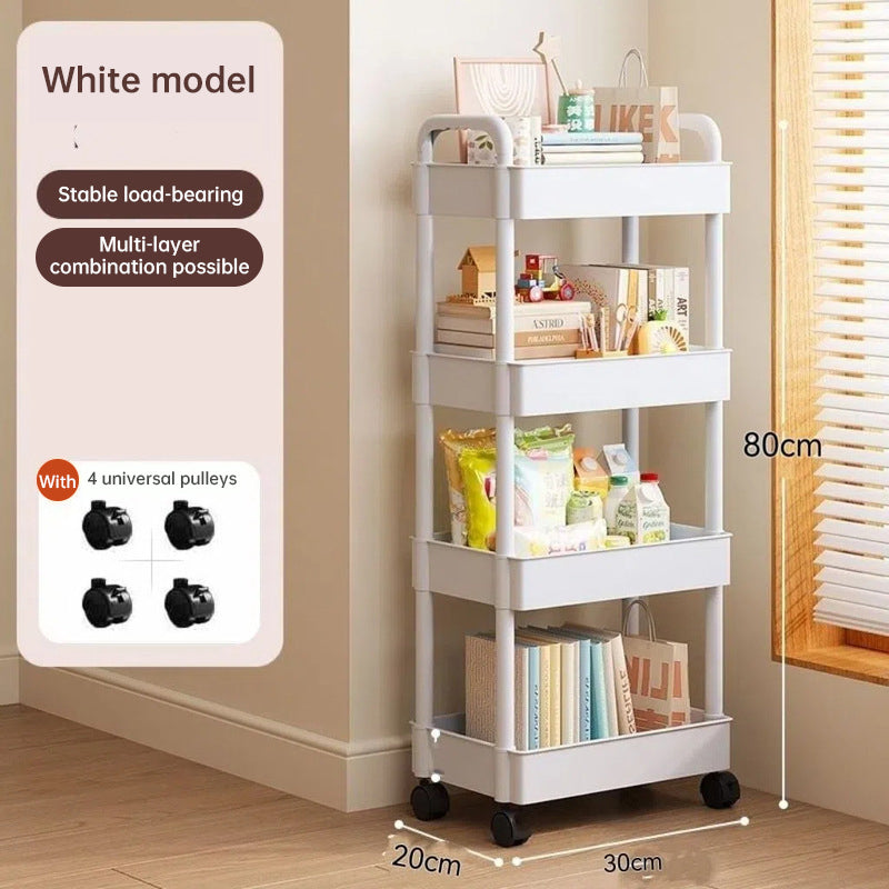 White rolling storage cart. Multifunctional, open shelves for books, ideal for kitchen &amp; bedroom storage