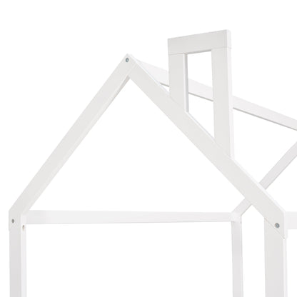 {Slats are not included}Twin Size Wood Bed House Bed Frame with Fence for KidsTeens Girls Boys {White}