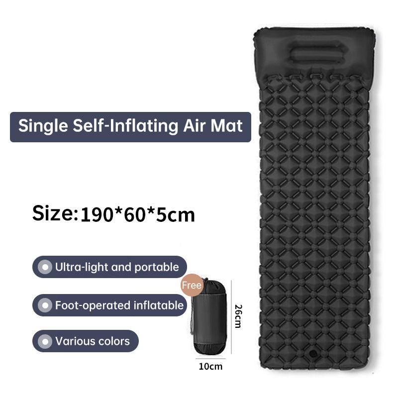 Outdoor double inflatable sleeping pad – with built-in pillow &amp; pump, for camping, backpacking, hiking.