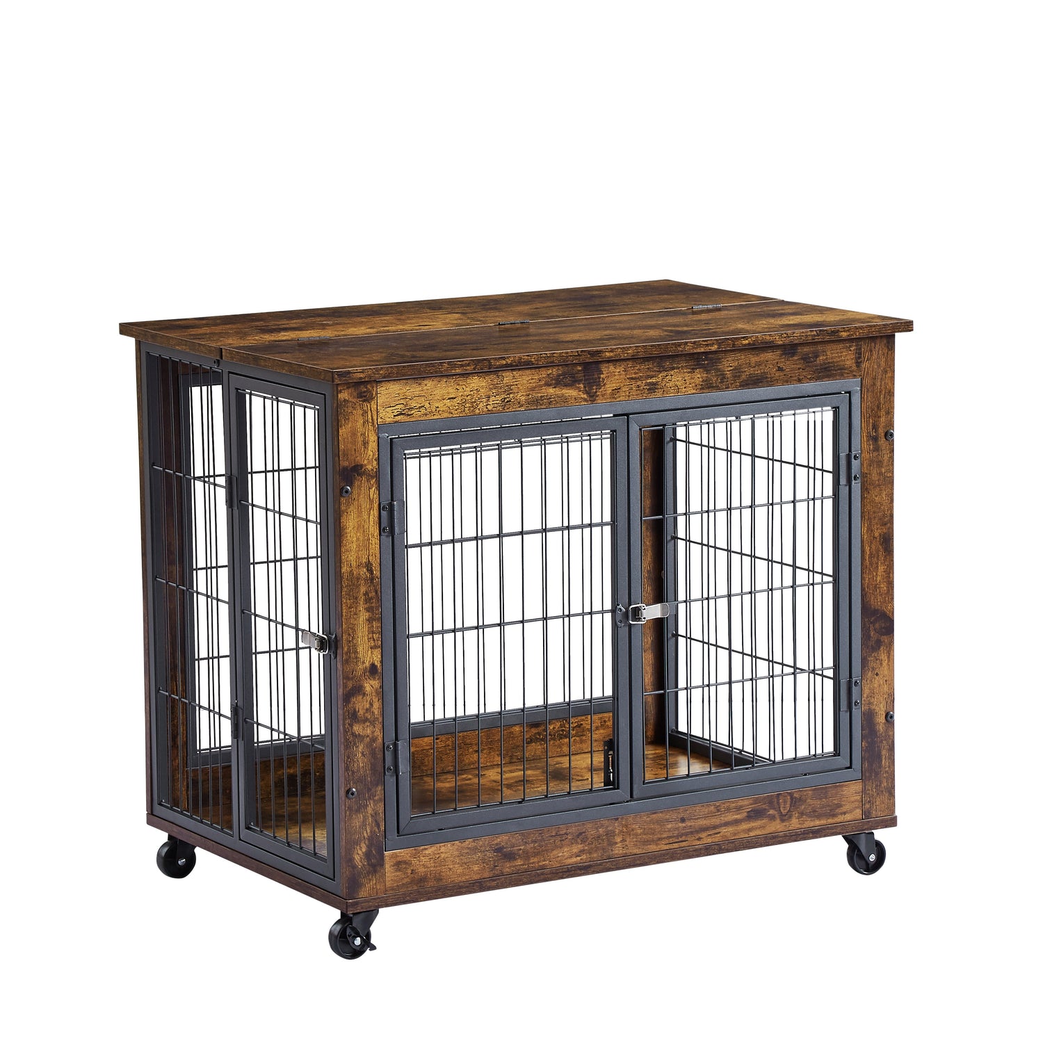 Furniture Style Dog Crate Side Table on Wheels with Double Doors and Lift Top. Rustic Brown, 31.50&