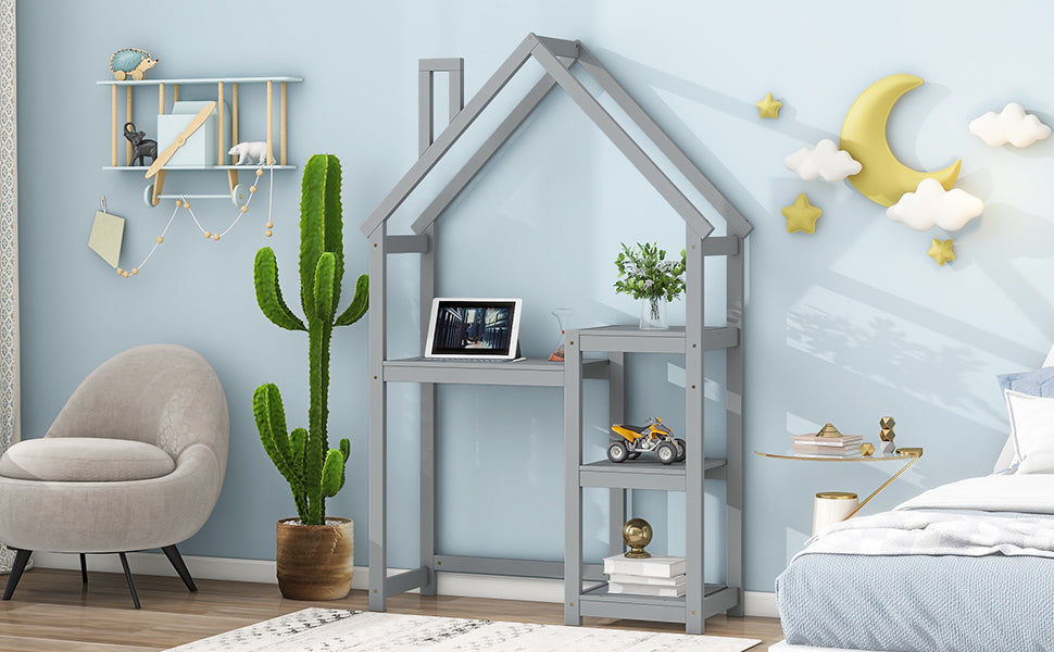 House-shaped Wooden writing Desk,Kids study Table,Bookshelf &amp; Toy Storage,Grey