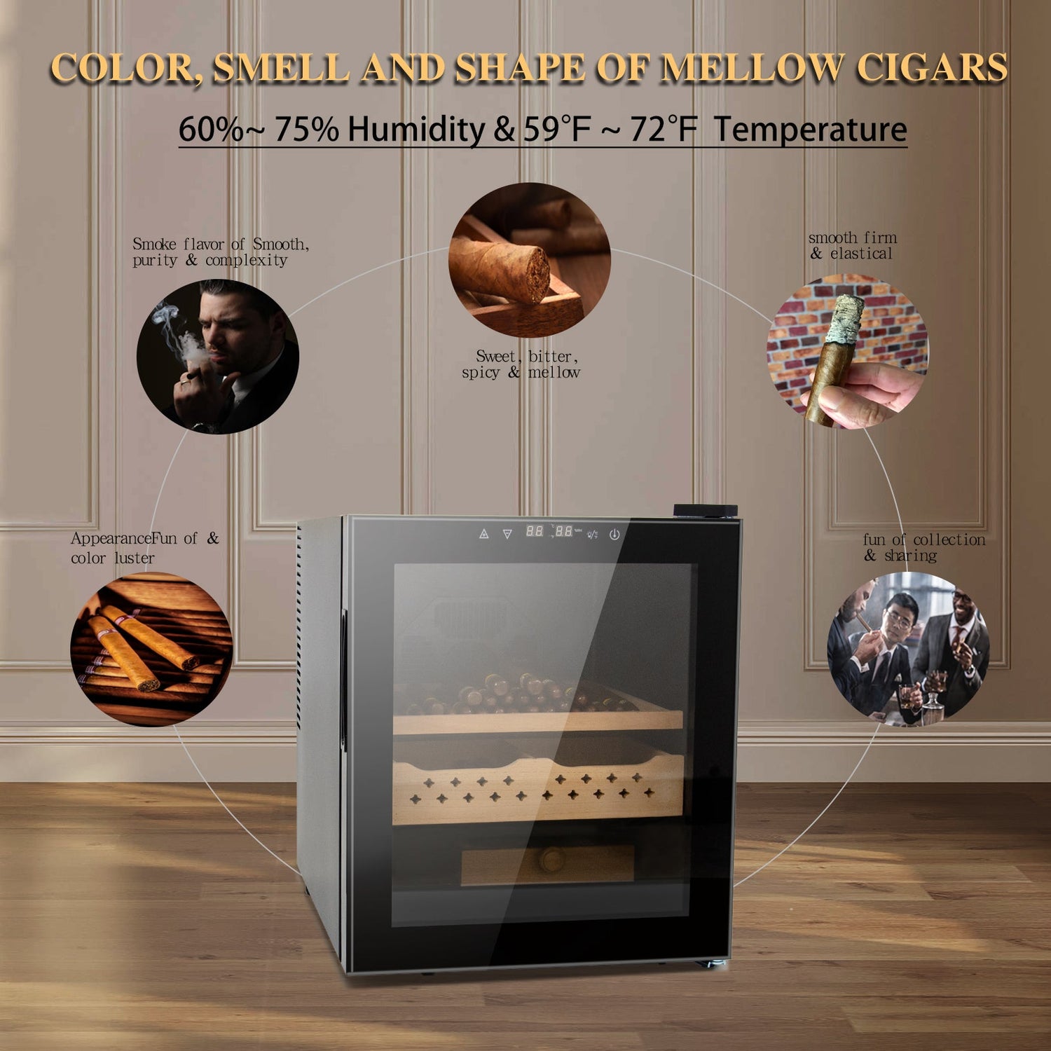50L Cigar Humidors with 3-IN-1 Cooling, Heating &amp; Humidity Control, 250 Counts Capacity Cigar Humidor Humidifiers with Constant Temperature Controller
