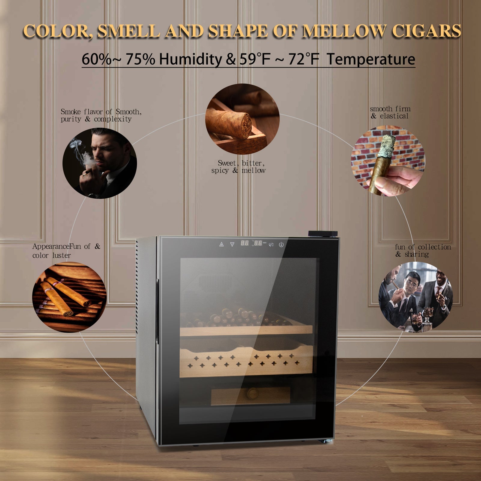 50L Cigar Humidors with 3-IN-1 Cooling, Heating &amp; Humidity Control, 250 Counts Capacity Cigar Humidor Humidifiers with Constant Temperature Controller