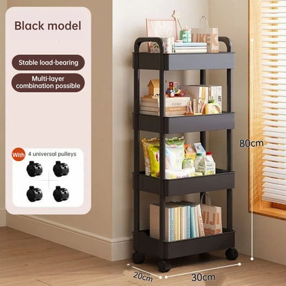 White rolling storage cart. Multifunctional, open shelves for books, ideal for kitchen &amp; bedroom storage