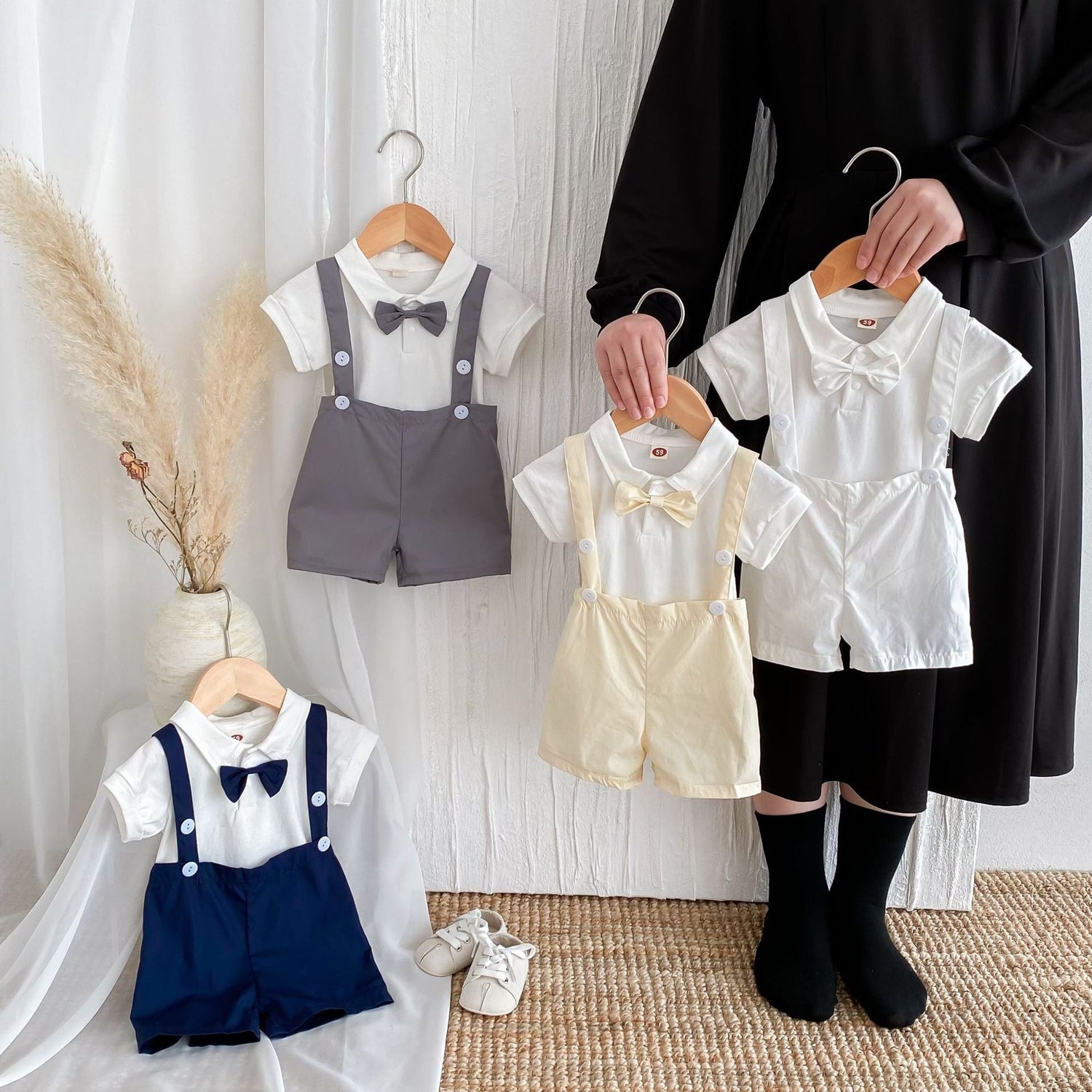 Summer baby hoodie tie suspender shorts two-piece set for gentlemen&