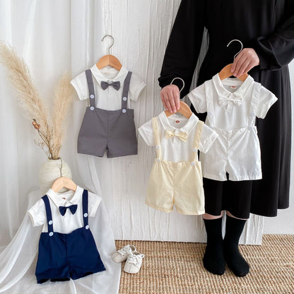 Summer baby hoodie tie suspender shorts two-piece set for gentlemen&