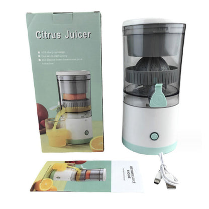 Portable USB - rechargeable slow juicer for oranges, lemons &amp; other fruits. A handy electric blender for home kitchens.